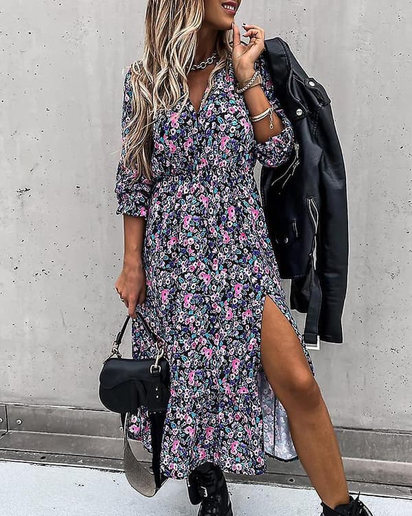 Blomstrete kjole med V-hals og splitt for damer BLUE S