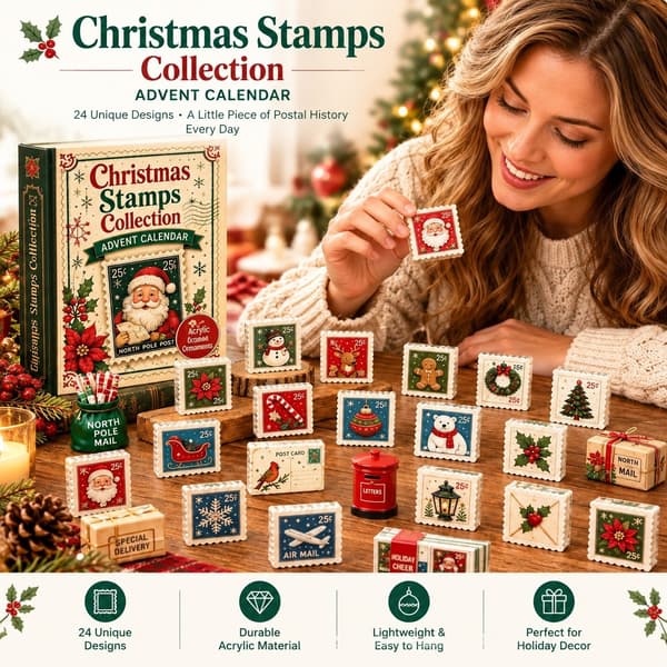 Frimärks-adventskalender 24 delar, retro postkonst akrylhängande prydnad, samlarobjekt