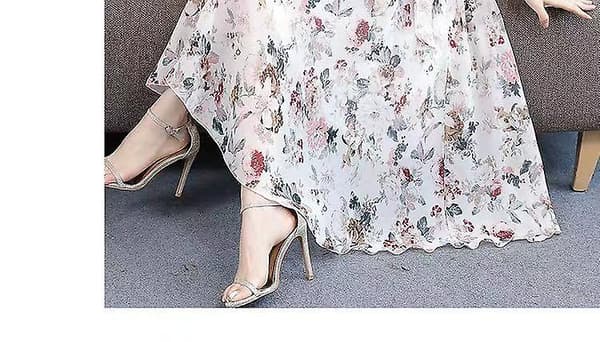 Sommerkjole i chiffon med blomstermønster og volanger for damer WHITE M