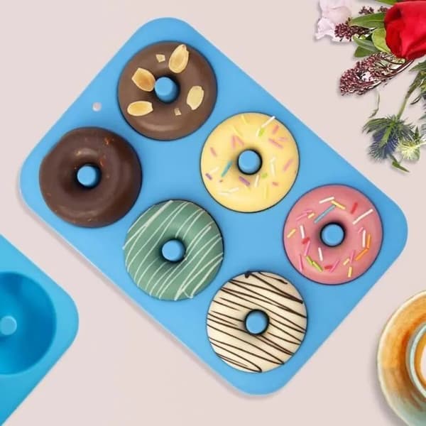 Donutformar i silikon, blå, set om 2, för 6 munkar, diskmaskinssäkra, värmebeständiga