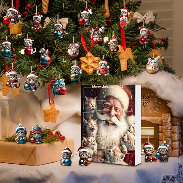 Katt julekalender, 24-dagers nedtelling, akryl kattungepynt til tre, bilspeil, veggdekor Model A