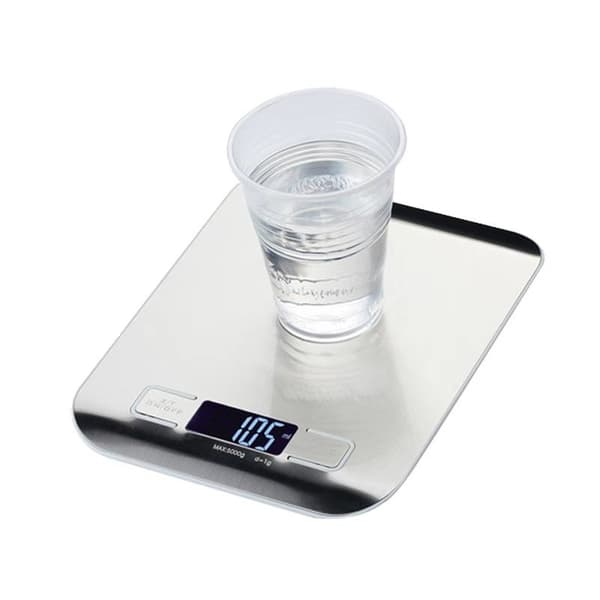 Digital køkkenvægt, rustfrit stål, 5 kg/1g, LCD-display, grå, automatisk tara
