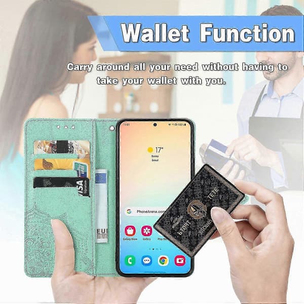 Wallet Case til Samsung Galaxy S25 Mandala Blomst Læder Telefon Cover Stativ - Sort Green