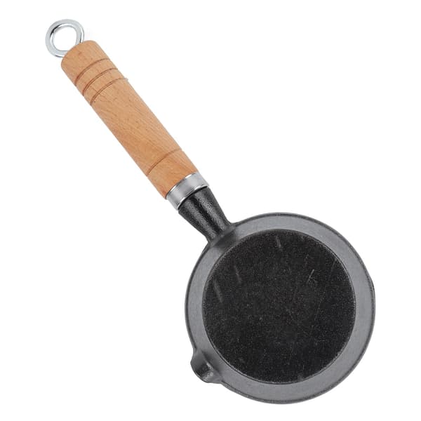 Mini stekepanne i støpejern for egg, forhåndskrydret, solid trehåndtak, 11x5cm, innendørs og utendørs
