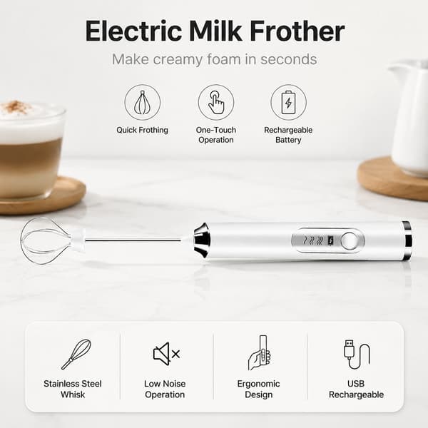 Trådløs håndholdt melkeskummer, elektrisk eggevisp, hvit, multifunksjonell for kaffe og baking