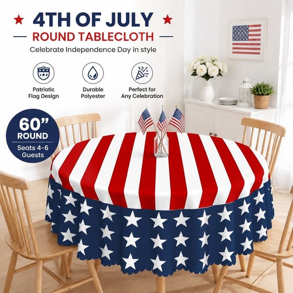 Patriotisk rund duk 60 tum, 4 juli flaggbordsduk, polyester utomhusfest picknick