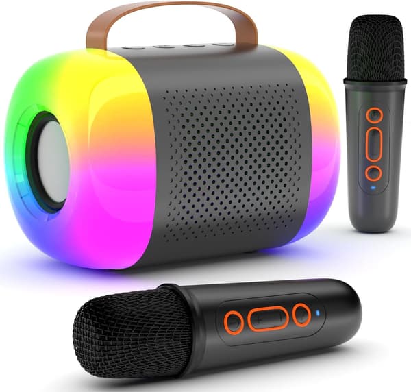 Bærbar Bluetooth Karaoke Maskine med 2 Trådløse Mikrofoner, LED Lysshow, til Børn og Voksne