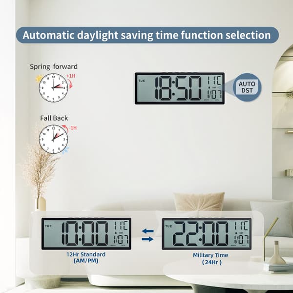 15\" stor digital väggklocka, batteridriven, stor display med datum, veckodag och temperatur, alarm