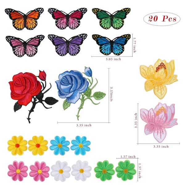 Blomster Sommerfugl Strygemærker, 20 Stk. Sy Broderi Applikation til DIY Jeans Jakker Tasker