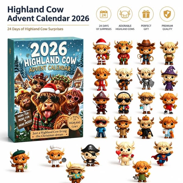 Højlandskvæg Julekalender 2026, Jule-nedtællings-blindboks, PVC-pynt Highland cattle sled model