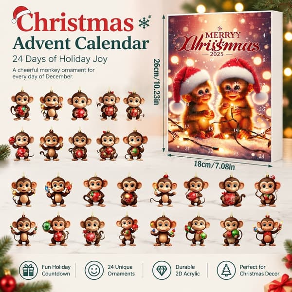 Julepynt adventskalender, ape, 2D akryl, stil D
