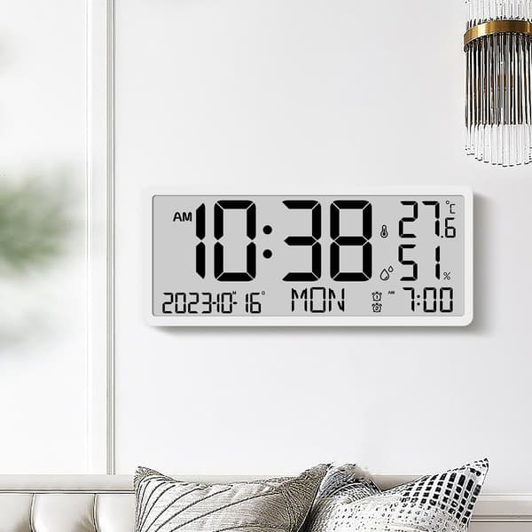 Modern LCD-väggklocka med alarm, termometer, evighetskalender, stor skärm, batteridriven 9554 black