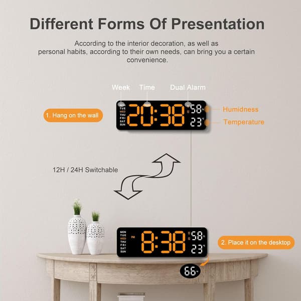 Digital vekkerklokke 9,5\" stor LED-skjerm, minnebackup, hjem, oransje