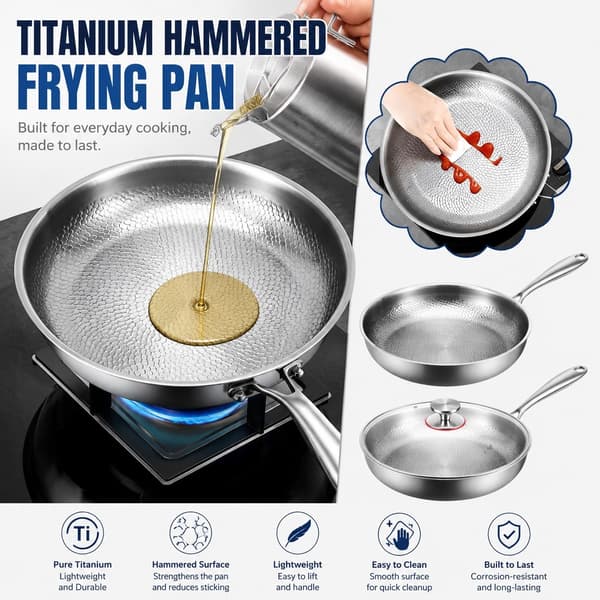 Stegepande i rent titanium non-stick, hamret rustfri stålpande med låg, 26 cm