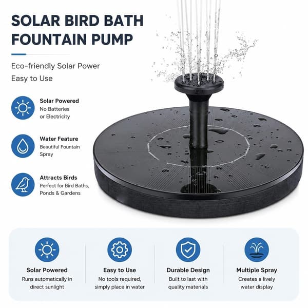Solar Springvandspumpe 16 cm Sort, 4 Dyser, ABS, til Fuglebad Dam