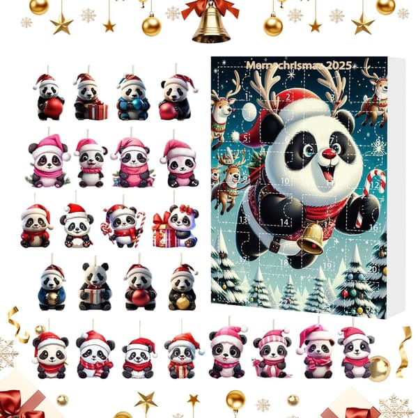 Julnedräkningskalender, 2D Akryl Panda Prydnad, 24-dagar, Stil A