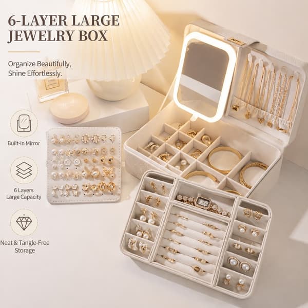 Smykkeskrin med stor kapacitet, 3 æsker 6 lag, opbevaring til øreringe, ringe, armbånd, hvid LED 3-Layer Leather White