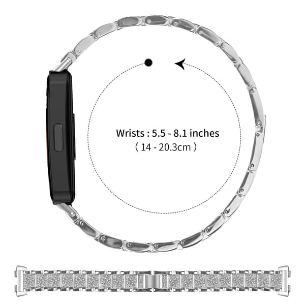 Urrem i rustfrit stål kompatibel med Huawei Band 8/9/10, slankt diamantdesign, sølv Silver