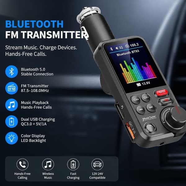 Bluetooth FM-sender, BT 5.0, håndfri, QC-lading, høyttaler, 12-24V