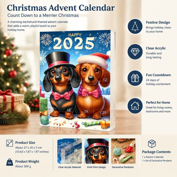 Dachshund julekalender, stil C, akryl nedtellingdekorasjon for hjemmet