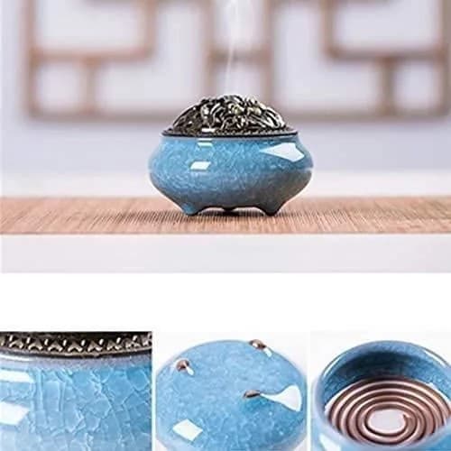 Blå keramisk rökelsebrännare, traditionell trebent design, multifunktionell, inomhusbruk