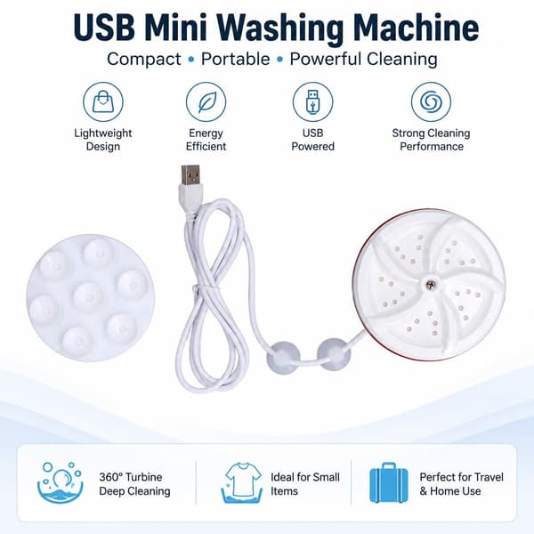 Mini bærbar USB-vaskemaskin, 30 minutter automatisk av, vannbesparende, for reise og hjem