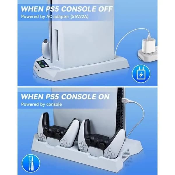 PS5 PS5 Slim Kjøleviftestativ, Dobbel Kontrollerlader med LED, 3 USB-porter white