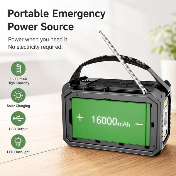 Solcelle sveiveradio, NOAA/AM/FM, SOS, Bluetooth 5.3, Lommelykt, Grå, 16000mAh