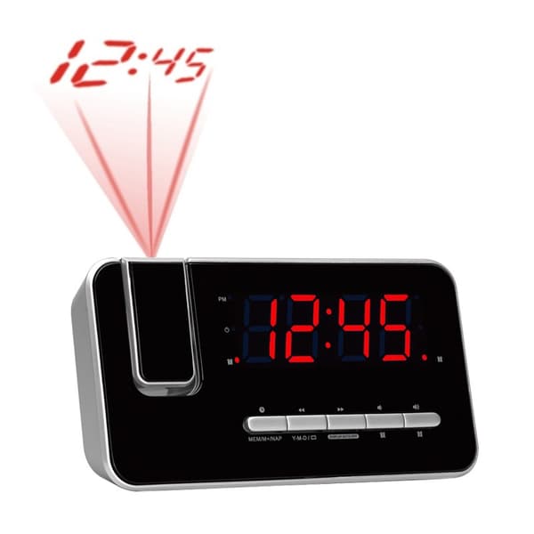 PLL FM klokkeradio med projeksjon, dobbel alarm, 1,2\" LED, slumrefunksjon, 180° projeksjon