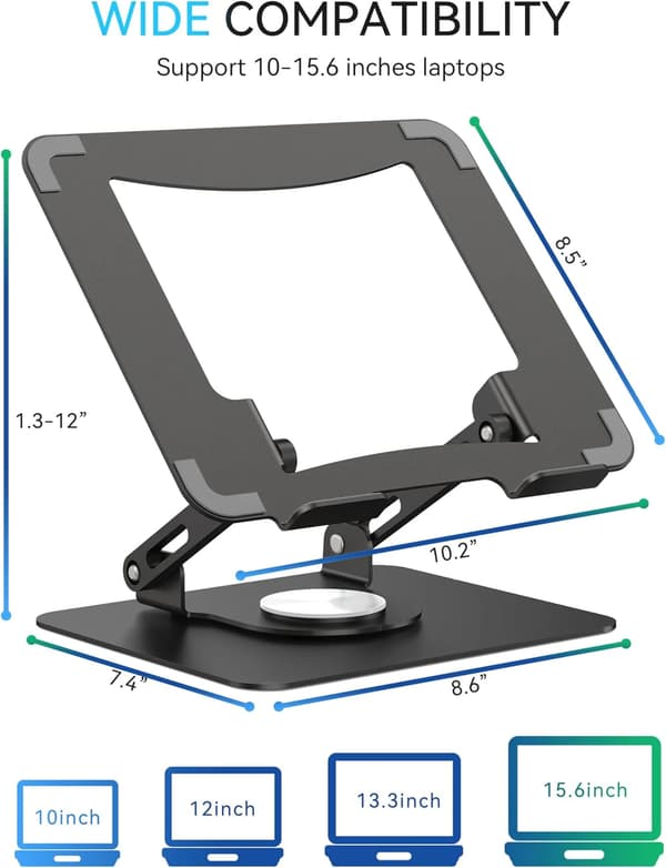 360° Roterende Laptopstander, Ergonomisk Metal Computer Riser, Justerbar Højde, Sammenklappelig, Ventileret, til 10-15.6\" Laptops - Sort