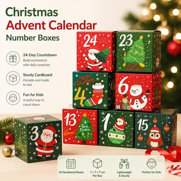 Julekalender nummerbokser, flerfarget pappnedtelling, 7x7x7cm, barn