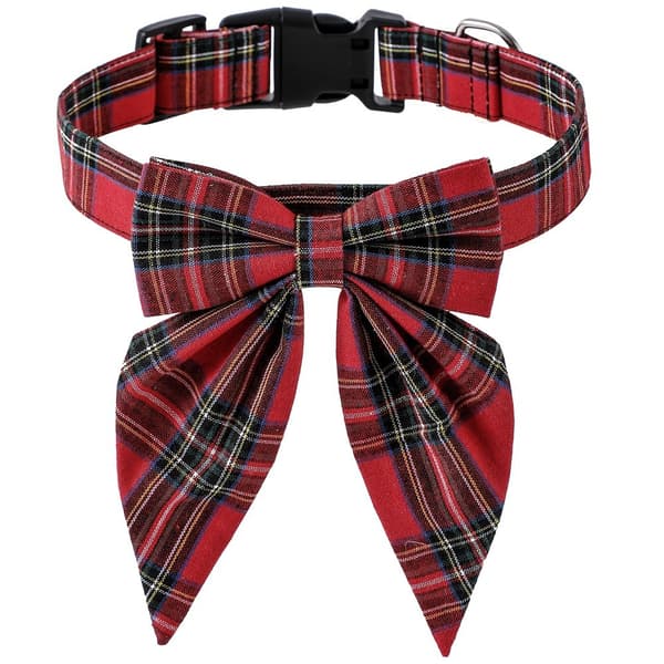 Julehalsbånd til hunde med butterfly, nylon, rød og sort plaid, justerbart, store hunde