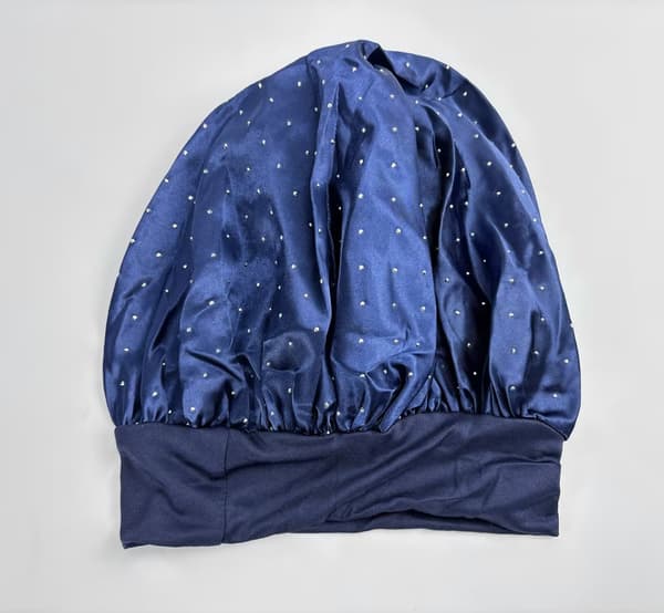Satin sovmössa med strass, marinblå, mjuk polyester, anti-friss hårbonnet