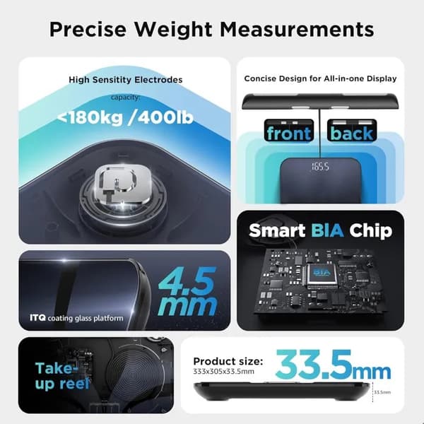 Smart badevægt med 8 elektroder, ITO-panel, 28 kropsdata, 180 kg/400 lb, til Android og iOS