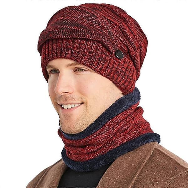 Varm vintermössa för män, stickad ullmössa, halsduk och maskset Wine Red