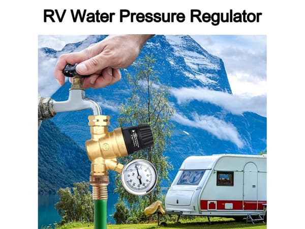 Messing RV vandtryksregulator med justerbart håndhjul og manometer, 0-160 PSI flowkontrolventil til autocamper trailer