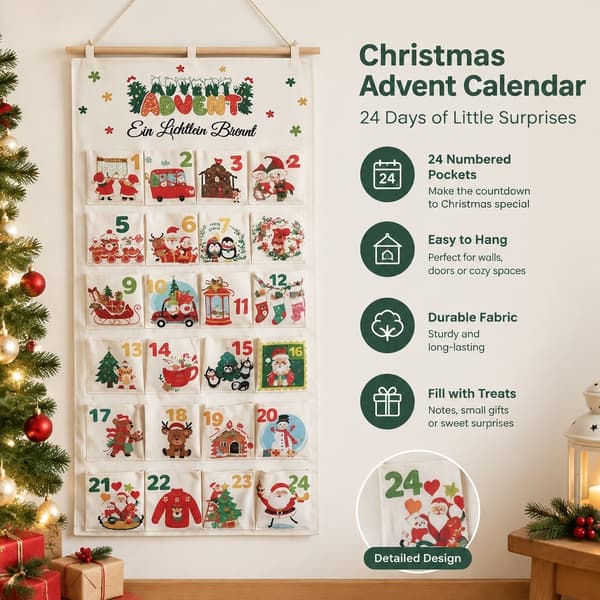 Julkalender i tyg med 24 fickor, hängande godispåsar, 60x115cm