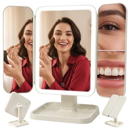 LED Sminkespeil, 3-panels sammenleggbart, 2x/3x forstørrelse, justerbart lys, USB-C, kremhvitt