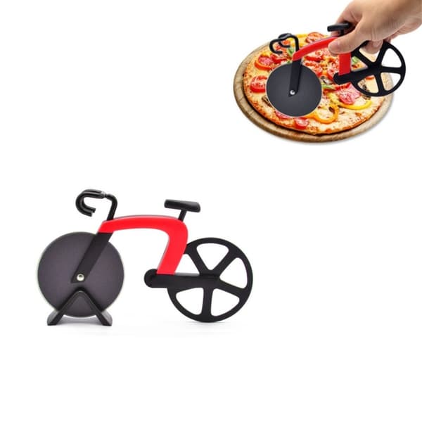 Pizzaskärare i cykeldesign, röd, blad i rostfritt stål, rolig kökspryl