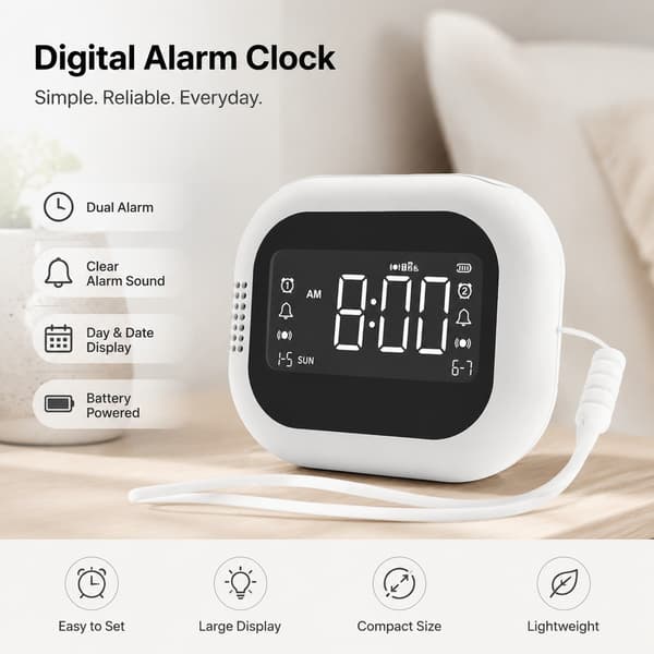 Vibrerende vekkerklokke, hvit, dobbel alarm, 3 moduser, justerbar vibrasjonsintensitet, USB-C