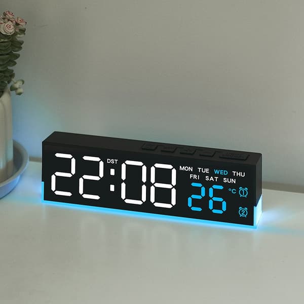 LED digital vekkerklokke, multifunksjonell med termometer, kalender, nattbordsdekor 6681 white shell blue light