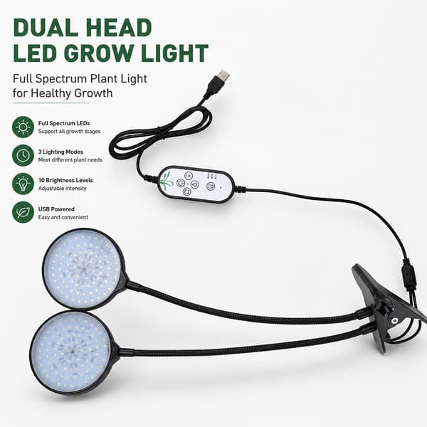 30W Dobbelt Hoved LED Plantegrowlight, Clip-On, 5-Niveauer Lysstyrke, til Indendørs Planter