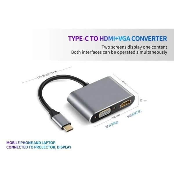 USB C -moniporttisovitin, 4-in-1, VGA HDMI USB 3.0, 100 W PD-lataus, 4K