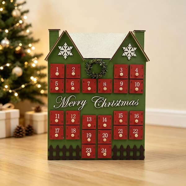 Nedtellingkalender i tre til jul, 24-dagers adventsboks i husform, rød, borddekorasjon