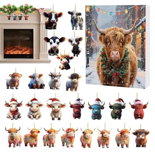 Julkalender med skotsk höglandsboskap, 24-dagars nedräkning, 2D akrylornament, Stil A