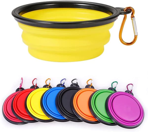 Sammenklappelig bærbar hundeskål til katte og hunde, foder- og vandskål til kæledyr med karabinhage Yellow Large(1000ML)