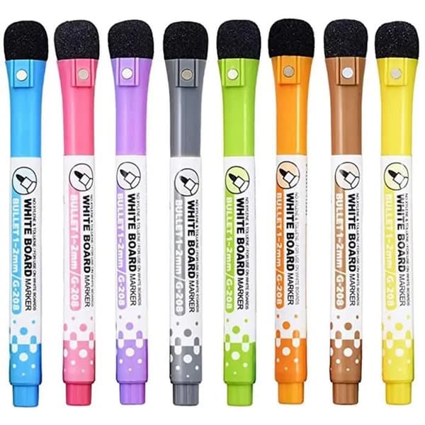 8-pack whiteboardpennor, fin spets, magnetiska, med suddgummi