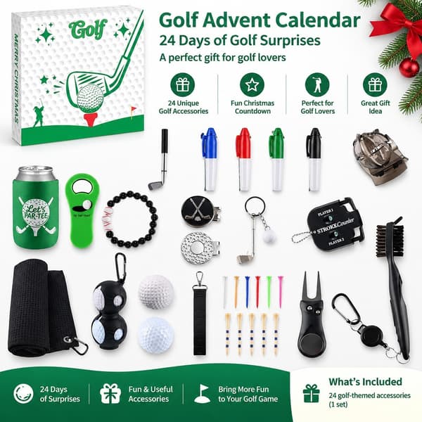 Golfadventskalender 2025, 24-dagars julnedräkning, present med golftillbehör