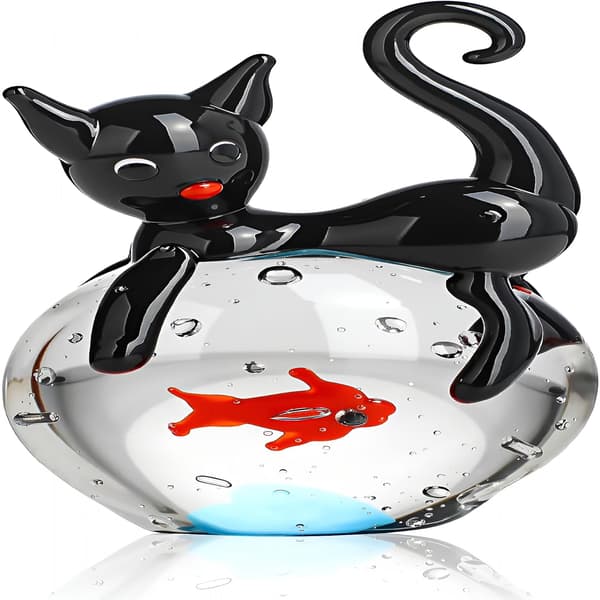 Håndblæst glas sort kattefigur, mini katte- og fiskeskulptur, samlerobjekt boligindretning, gave til katteelskere