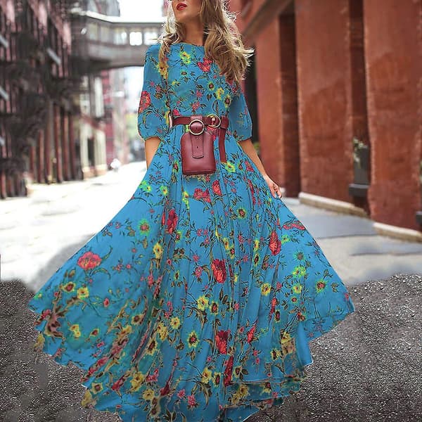 Sommarklänningar för damer med blommigt tryck och oversized passform BLUE XXXL